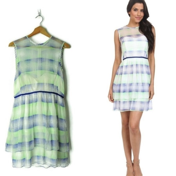 Shoshanna Jessica Silk Optical Plaid blue green cream size 6 - Picture 1 of 12